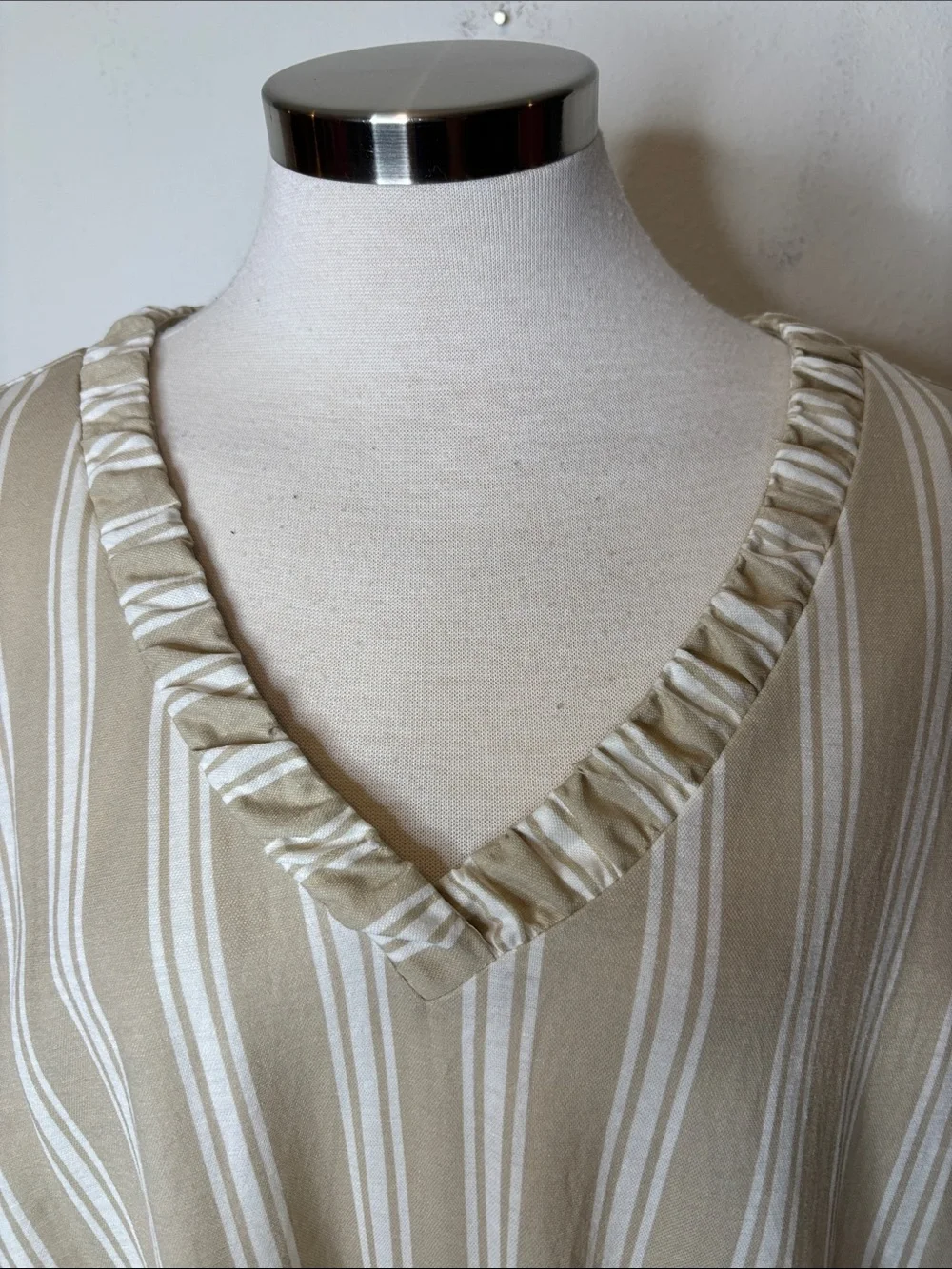Belle by Kim Gravel Beach Beige and White Striped V-Neck Midi Dress